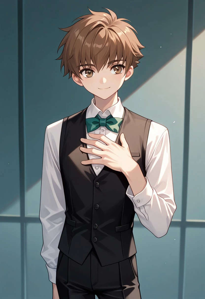 masterpiece, best quality, 
shaoran, 1boy, male focus, solo, brown eyes, brown hair, short hair, shirt, white shirt, collared shirt, vest, black vest, bowtie, green bowtie, pants, black pants, 
indoor, hand on own chest, smile, standing