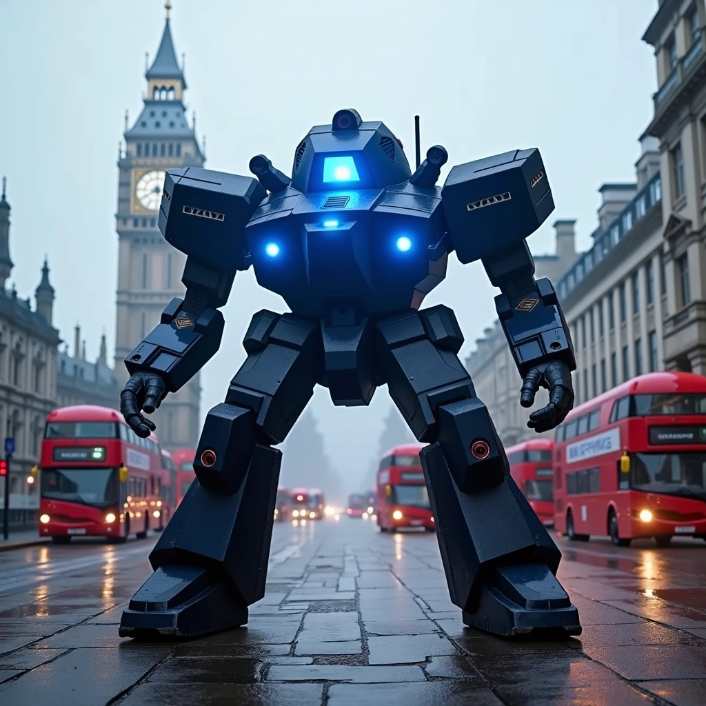 A Metropolitan Police mech emerging from London fog: Big Ben silhouetted behind its distinctive form. Rainslick cobblestones reflect its pulsing blue lights, while red double-decker buses provide scale to its imposing presence