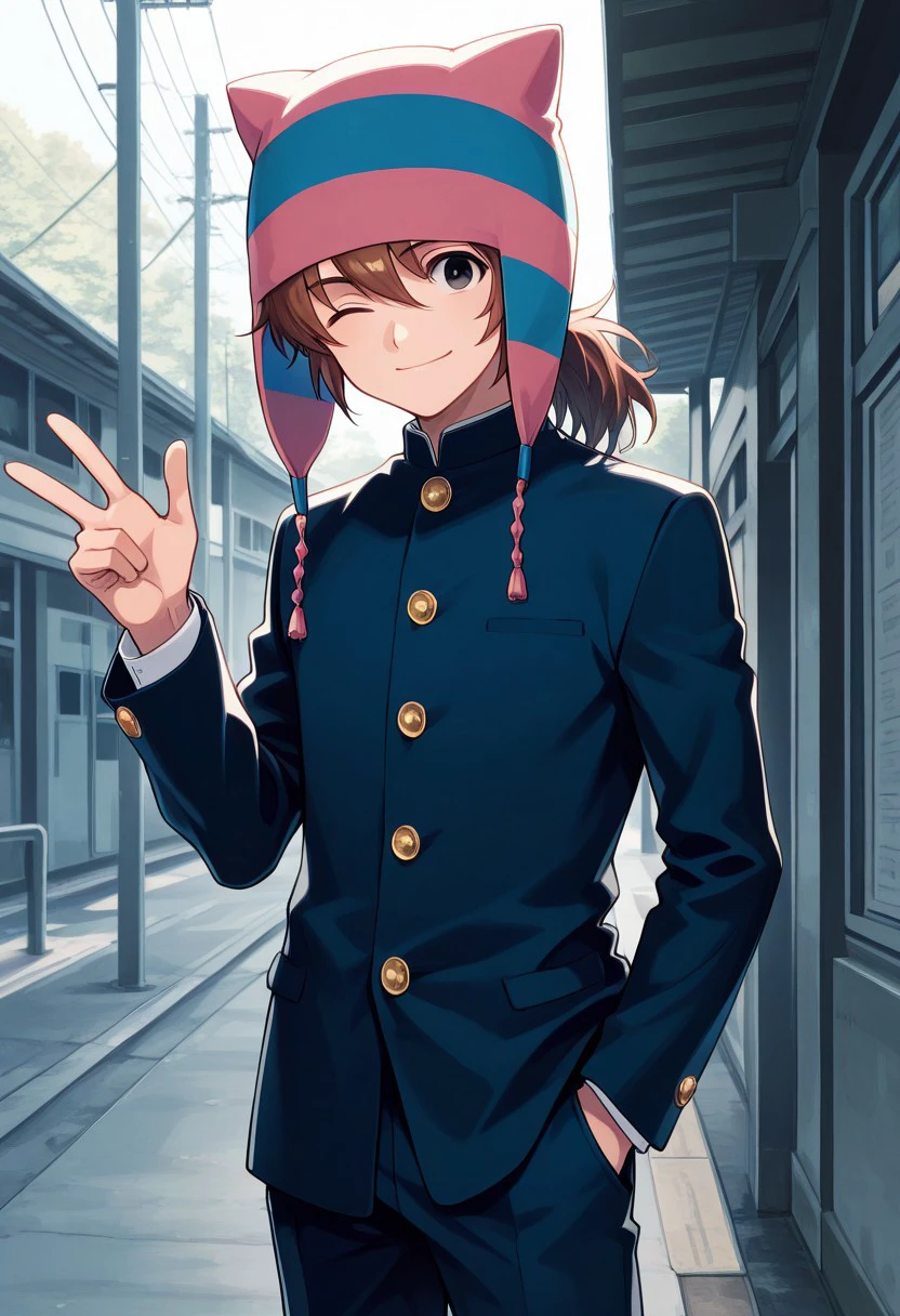 masterpiece, best quality, 
matsuno,1boy, male focus, solo, brown hair, ponytail, black eyes, hat, animal hat, school uniform, gakuran, jacket, blue jacket, long sleeves, buttons, pants, blue pants, smile, one eye closed
outdoor,