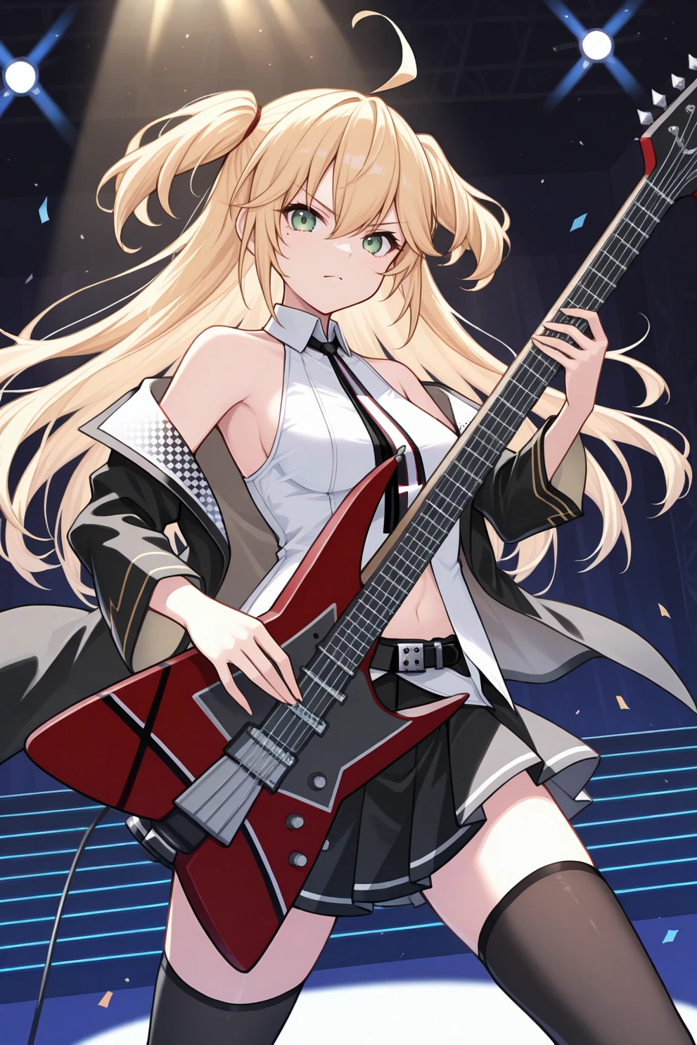 masterpiece, best quality, cowboy shot, looking at viewer, serious, 1girl, h1pp3r, blonde hair, long hair, ahoge, hair between eyes, green eyes, two side up, white collared shirt, sleeveless shirt, black necktie, black jacket, checkered jacket, midriff peek, off-shoulder, iron cross, black skirt, pleated skirt, black belt, black thighhighs, dynamic pose, foreshortening, playing instrument, electric guitar, indoors, stage, spotlight, concert, dark room, backlighting, <lora:Hoseki_AzurLane_AdmiralHipper_IllustriousXL_v1:1>