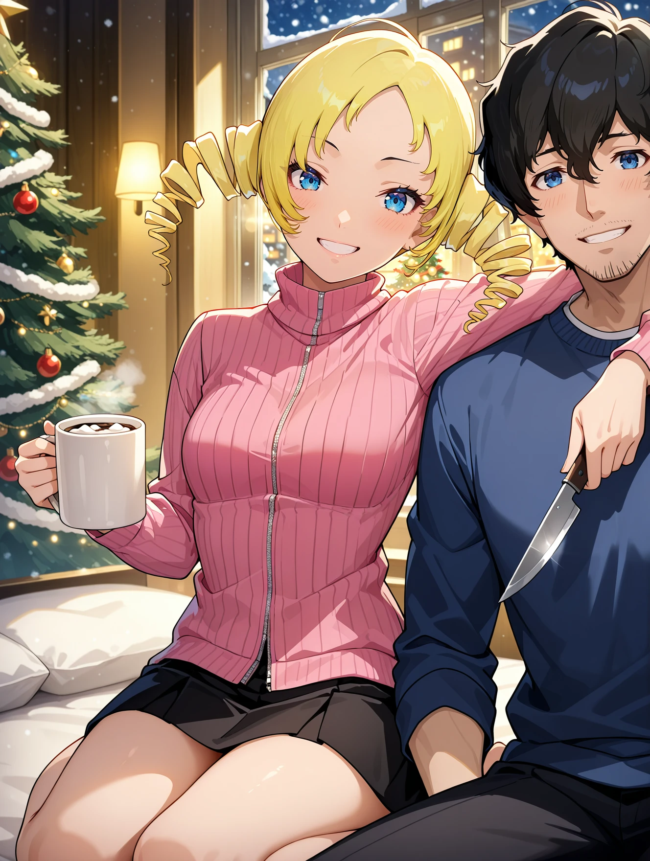 anime screenshot, safe, 1girl, 1boy, catherine, blue eyes, turtleneck white ribbed sweater, holding knife, looking at viewer, arm on another's shoulder,
BREAK, vincent brooks, black hair, facial hair, looking at viewer, pink turtleneck sweater, sitting, mug, hot cocoa,
BREAK, christmas tree, window, snow, kneeling, looking at viewer, smile, teeth, blush, very awa, cozy, warm lighting,
<lora:3in1CatherineIL-000013:1>, masterpiece, best quality, newest, absurdres, highres, safe,