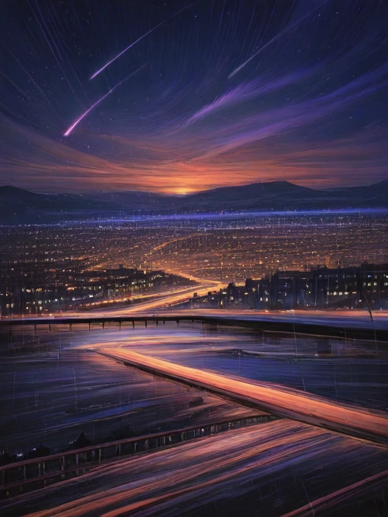 bridge, building, city, city lights, cityscape, cloud, cloudy sky, dark, night, night sky, outdoors, power lines, rain, road, scenery, shooting star, sky, snowing, star \(sky\), starry sky, sunset, utility pole, water,art painterly effect,brush stroke, <lora:Alena_Aenami_Art_Style-GMR:1>