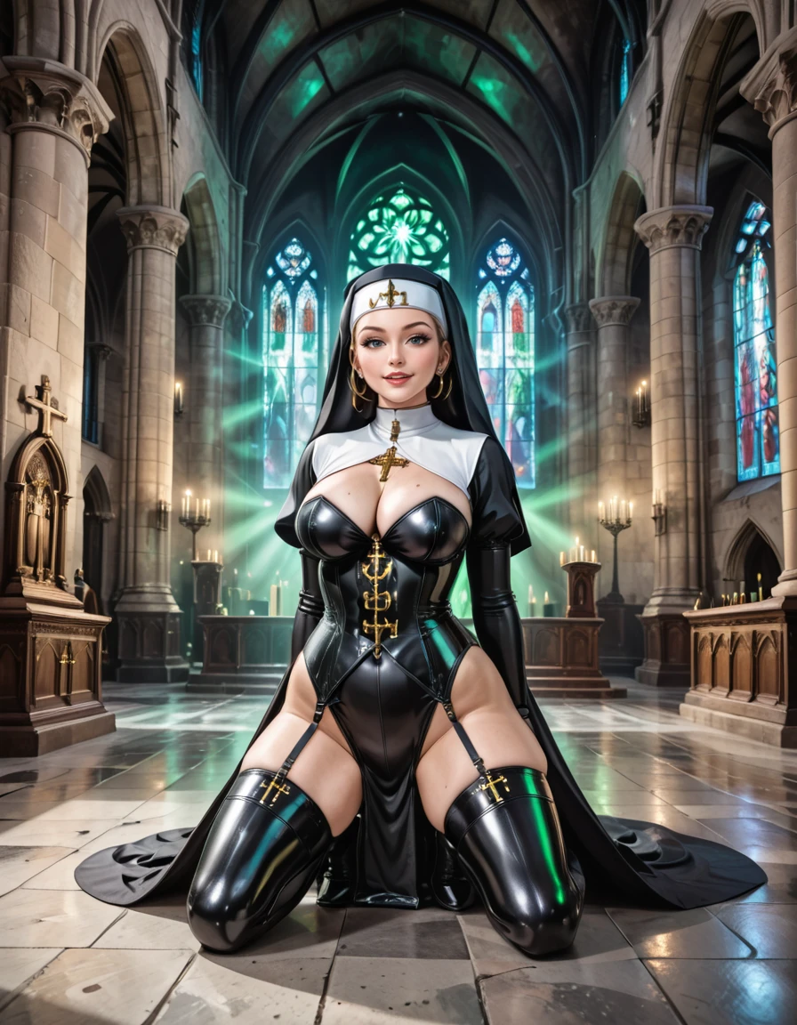 (nsfw:1.3),Full body hyperrealism photo,extremely detailed, (nun in black latex corset:1.3),cleavage cutout,collar, Kneeling,Cthulhu cathedral,indoors,(Sinister aura:1.2). <lora:Cthulhu_cathedralp:0.6>, Masterpiece,best quality,hi res,8k,hi res,8k,award winning,(sharp focus, intricate, highly detailed),