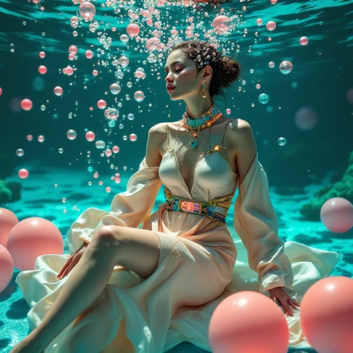 underfashion, a woman in casual shift dress, glittery jewelries, sitting alone, surrounded by bubbles and balloons