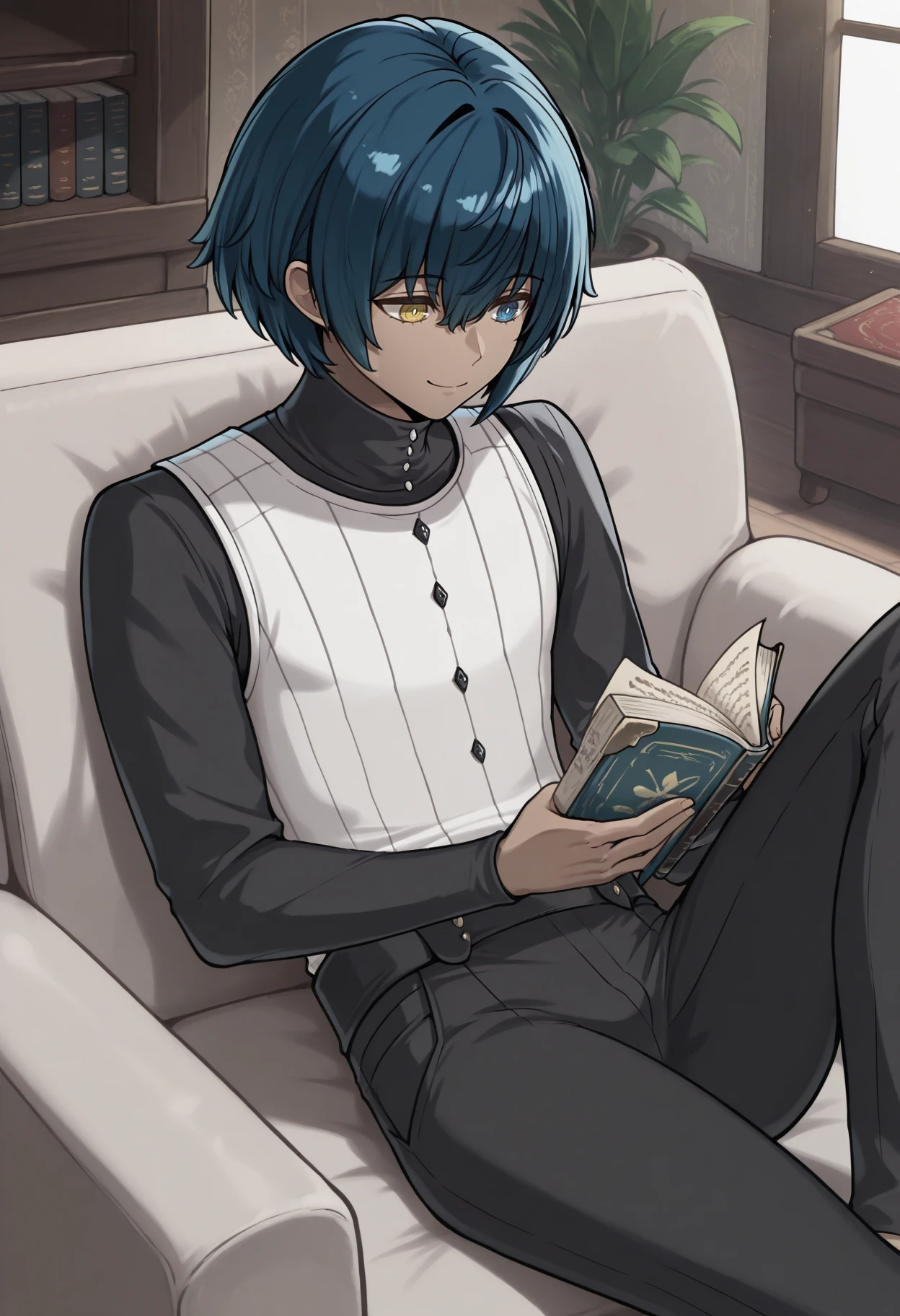 masterpiece, best quality, 1boy, smile, closed mouth, sitting, knee up, open book, reading, <lora:ProtagonistMR-illu:1> csProtag, blue hair, short hair, hair between eyes, heterochromia, yellow eyes, blue eyes, dark-skinned male, white vest, pinstripe vest, black shirt, long sleeves, black sleeves, black pants, couch, living room