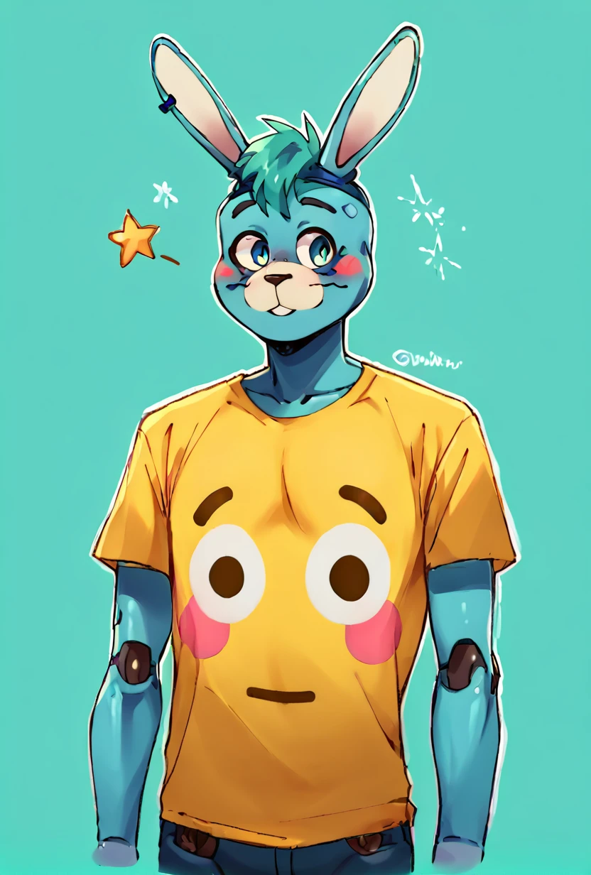 score_9, score_8_up, score_7_up,,  good quality ,, character focus, solo, , best quality , detailed background, <lora:glambon-06:1> glambon, rabbit ears, male focus, , solo, star (symbol), robot, white outline, stars, cyan background, cowboy view,  <lora:flushed_shirt_meme:1> flushed_emoji_shirt, multiple views,  simple background, t-shirt