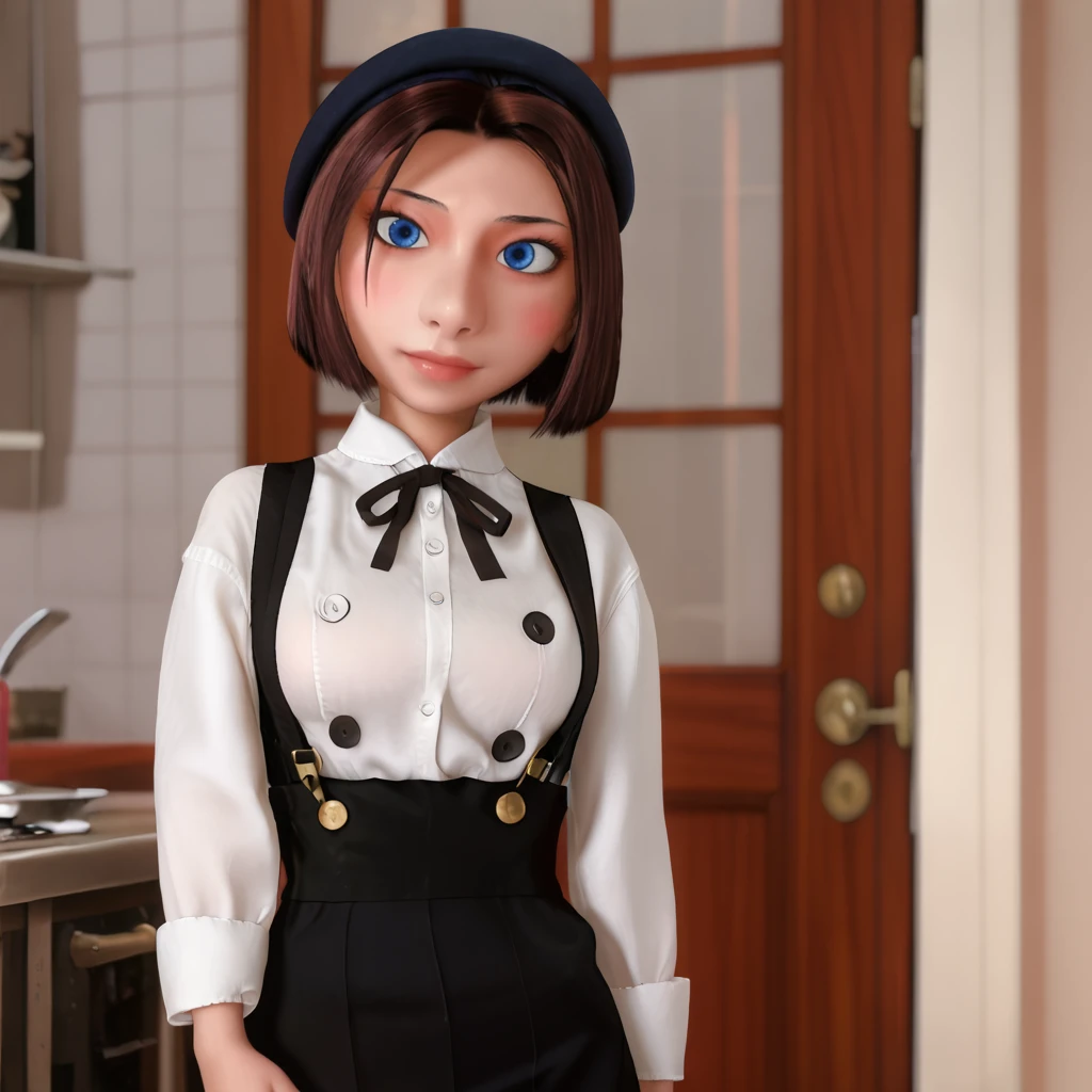 <lora:colette_pony_v1:.85> Colette, solo, blue eyes, brown hair, 1girl, short hair,  cowboy shot,   <lora:0902 Home wear 5_v1_pony:1> ruanyi0902,beret,black ribbon,collared shirt,black pantyhose,high-waist skirt,white shirt,suspenders