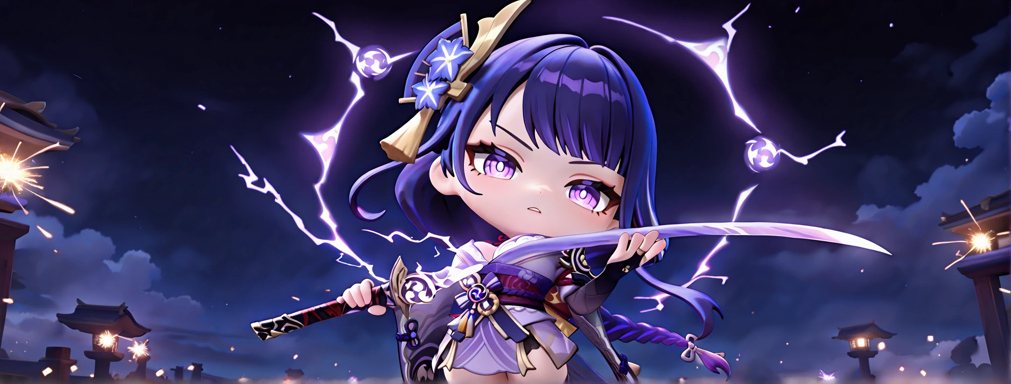 TFTstyle, chibi,3D,cowboy shot, solo focus, 
1girl, raiden shogun, holding sword,between breasts, 
head tilt, serious, hand up, looking at viewer, parted lips, wind, night,night sky, electricity, sparks,
,masterpiece,best quality,amazing quality,,<lora:TFTstyle:1>,