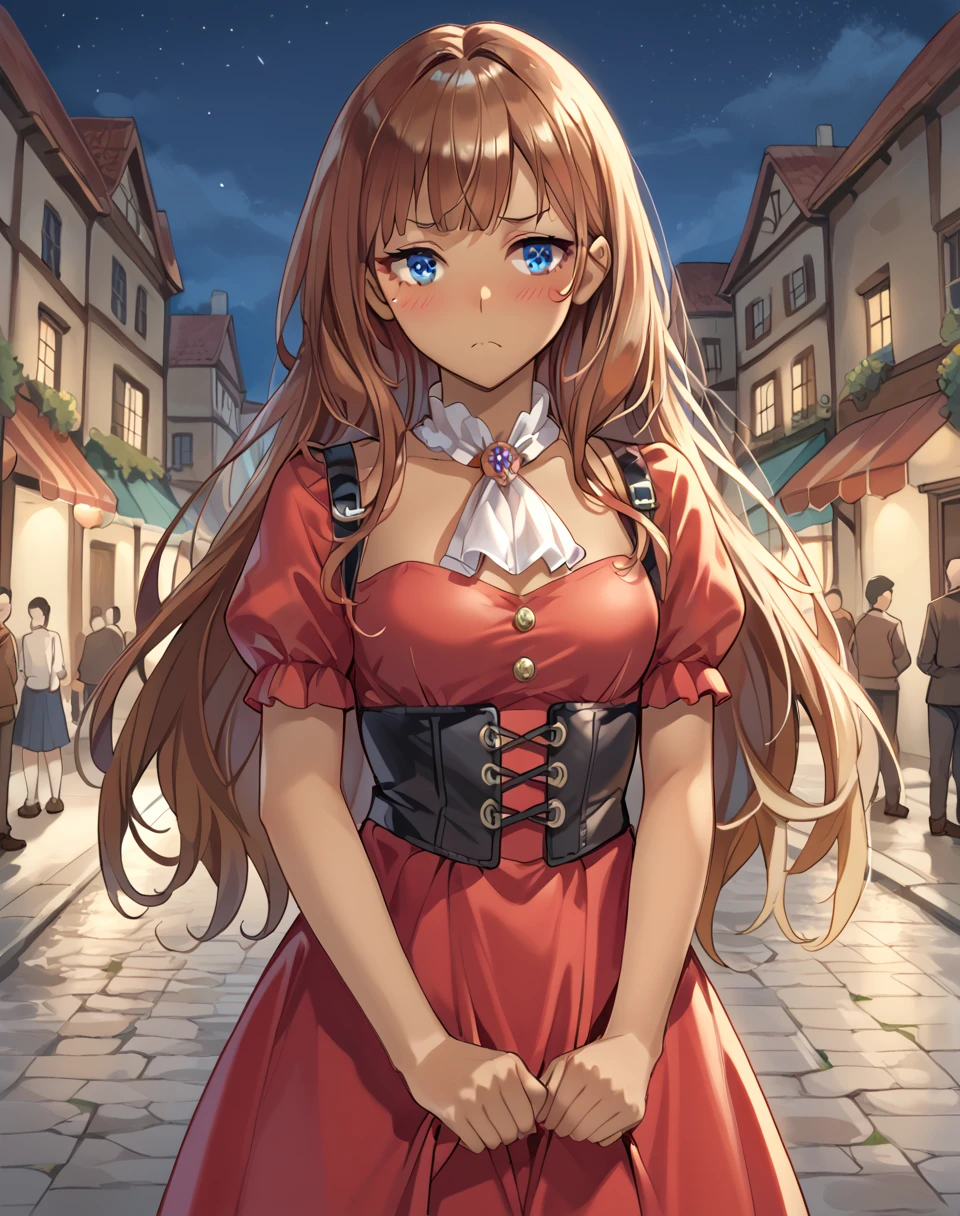 lala_ruu, brown hair, long hair, blue eyes,  dark-skinned female, dark skin, petite, small breasts, red dress, puffy sleeves, ascot  BREAK outdoors,medieval, city, night,  BREAK looking away, embarassed, blush, fidgeting, shy BREAK score_9, score_8_up, score_7_up, source_anime ,zPDXL, <lora:Lana_Ruu:0.8>