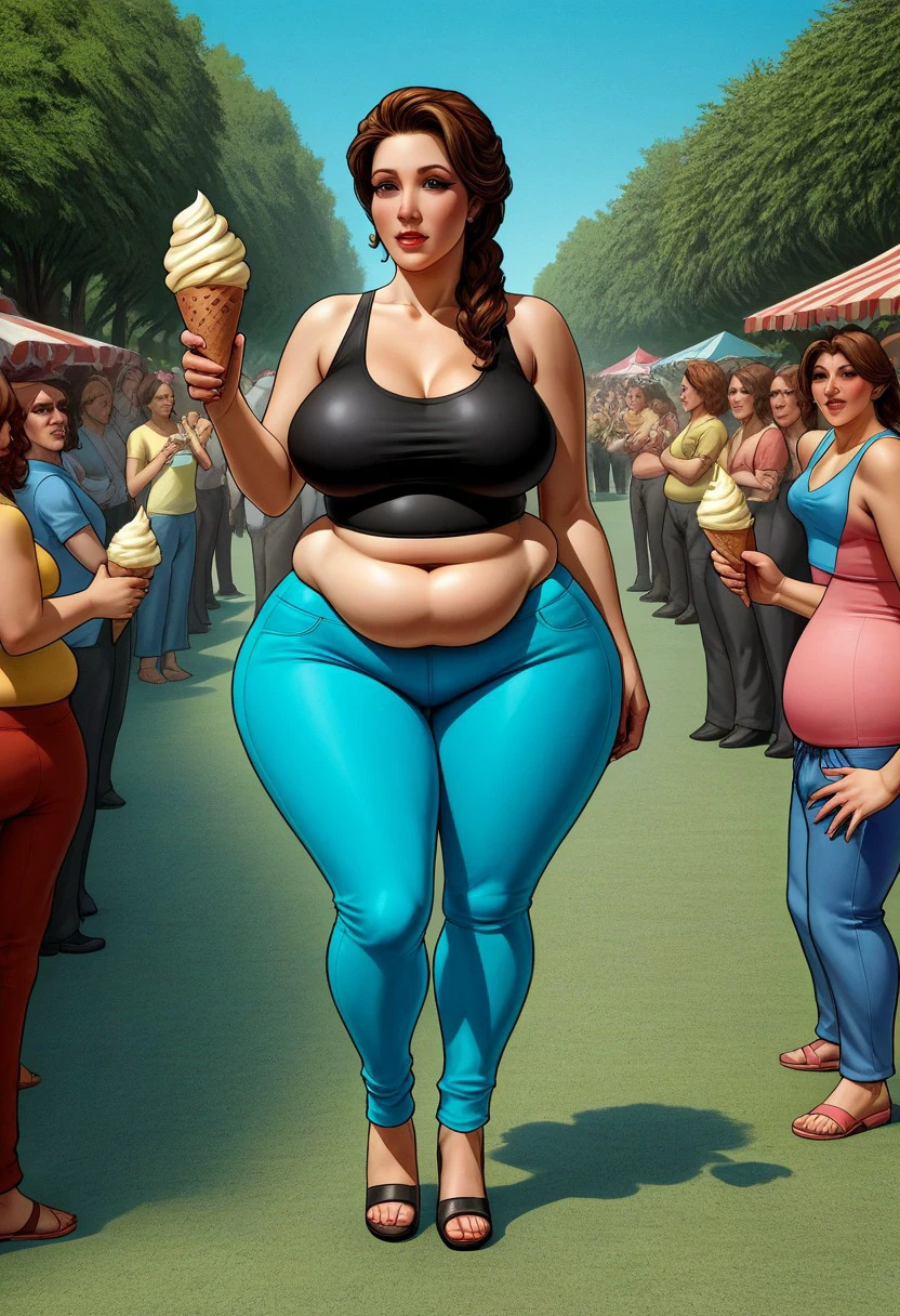 voluptuous, attractive naughty 40 years old, plump belly, double-chin, ice cream lady
Brown bouffant, tight top, big hips, tight black bellbottom trousers, garden party, crowd