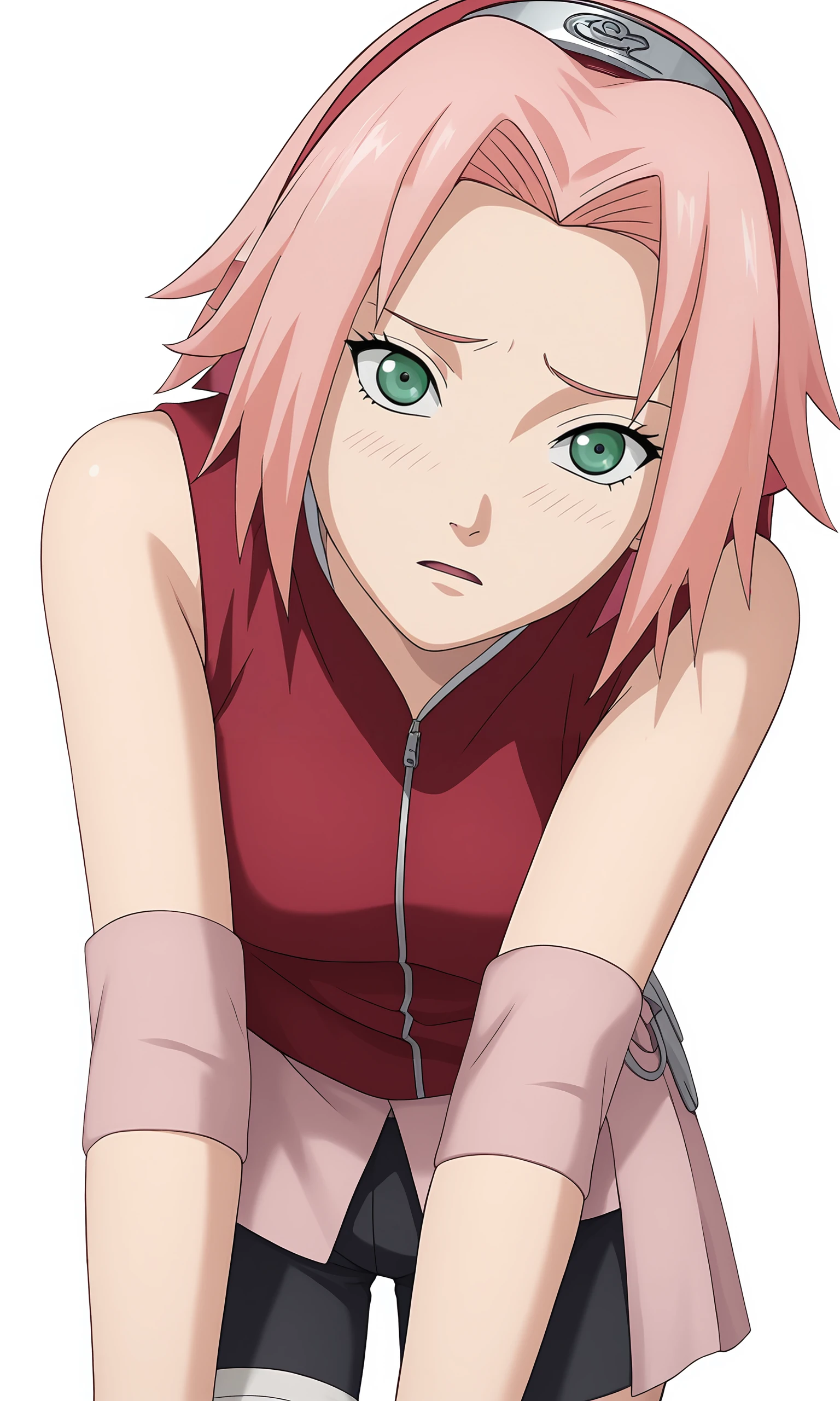 score_9, score_8_up, score_7_up, game cg,
pov, from below, 
bent over, 
harunosakura, 1girl, pink hair, green eyes, short hair, black gloves, elbow pads, sleeveless shirt, looking at viewer, pink skirt, forehead protector, bandaged leg, black shorts, konohagakure symbol, red shirt, haruno sakura, 
blush, shy, half closed eyes, parted lips, 
simple background, white background,
 <lora:Sakura_PXL:1>