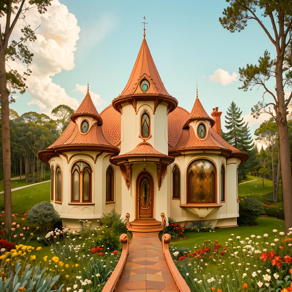 <lora:Disney_Nouveau:1> ArsMJStyle,Disney Nouveau, The image shows a house with a red roof and a walkway in front of it surrounded by lush green grass vibrant flowers tall trees and fluffy white clouds in the sky., no humans, flower, tree, outdoors, scenery, sky, cloud, grass, day, path