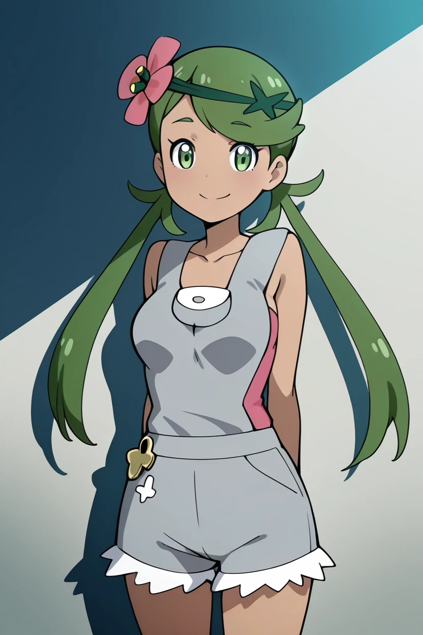 masterpiece, best quality, medium breasts,  BREAK, zzMallow, green hair, green eyes, hair flower, hair ornament, grey overalls, pink shirt, sleeveless, grey shorts, <lora:MallowPokemonIXL_e09:1.0>, smile, looking at viewer, cowboy shot,   <lora:ShoujoRamuneIXL:1.0>,