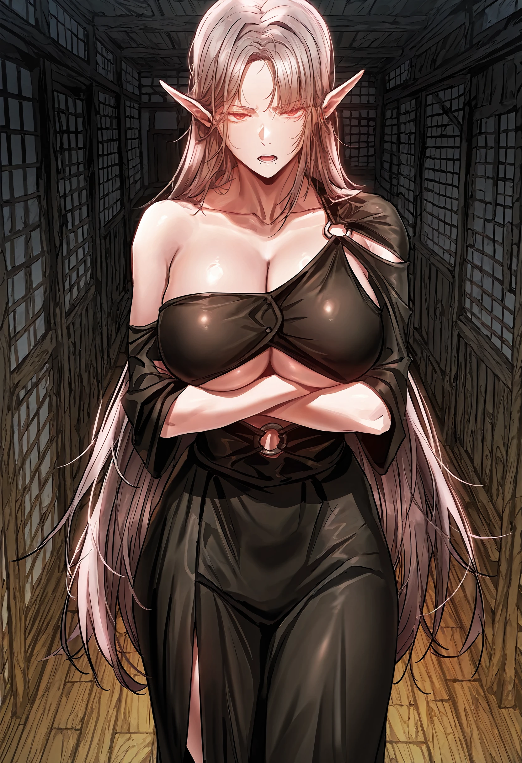 masterpiece, best quality, amazing quality, very aesthetic, absurdres, newest, scenery, 1girl, (solo:1.1), huge breasts, serious, open mouth, <lora:Vior illustxl:1> long hair, pointy ears, elf, red eyes, brown hair, grey hair, mole under mouth, parted bangs, black dress, collarbone, (o-ring:0.7), single bare shoulder, cleavage, underboob, side silt, long skirt, standing, crossed arms, living room, wooden house, dark, night, inside, looking away, shiny skin, masterpiece, best quality, amazing quality, very aesthetic, absurdres, newest, scenery