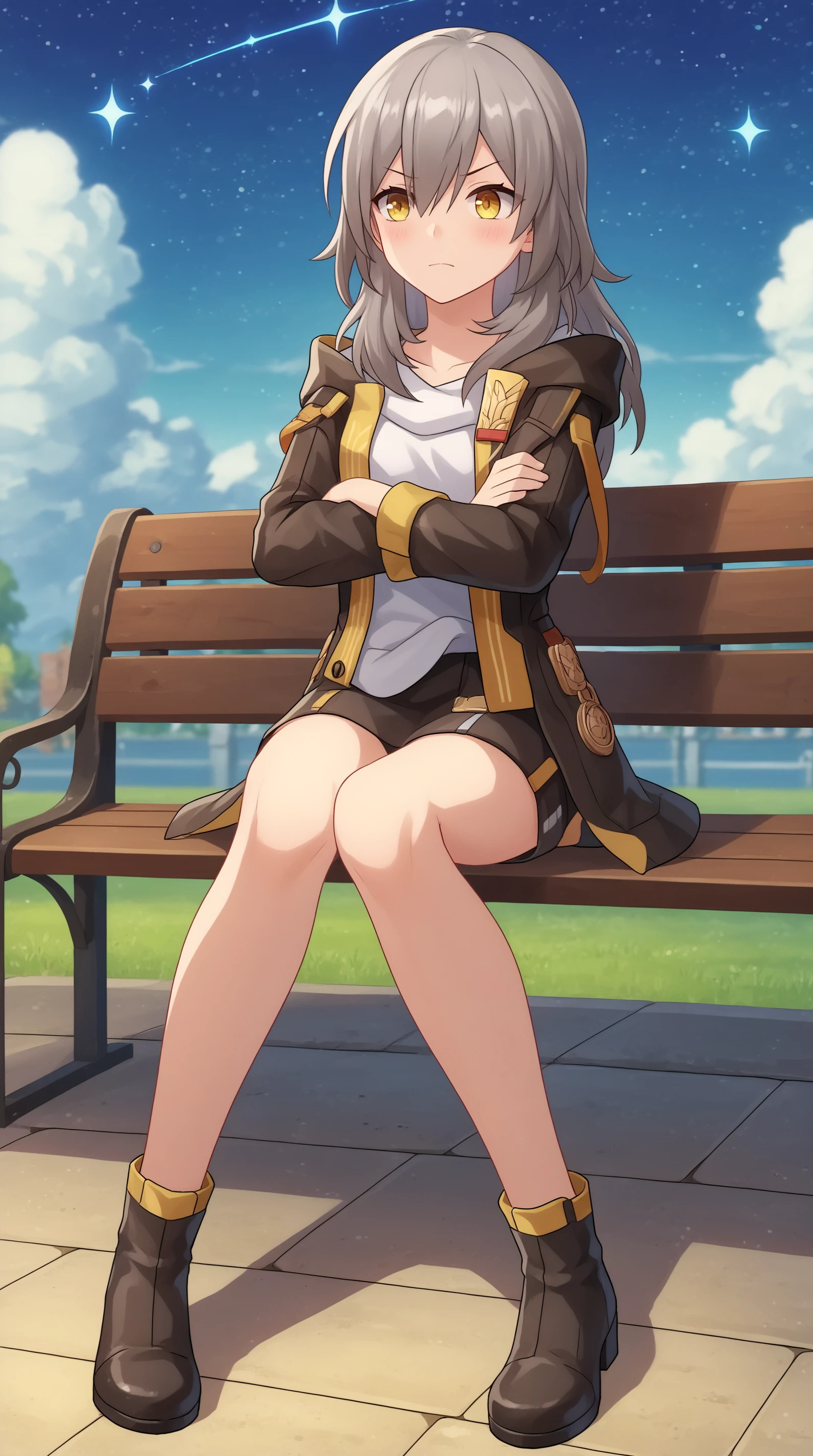 score_9, score_8_up, score_7_up,anime_source, source_anime, best background, detailed background, anime screencap, 4k, upscaled,  Stelle, Main Outfit, solo, crossed arms, tsundere, blush, full body, stars, outdoors, bench over, sitting, dynamic pose,  <lora:JN_Stelle_Pony:0.8>