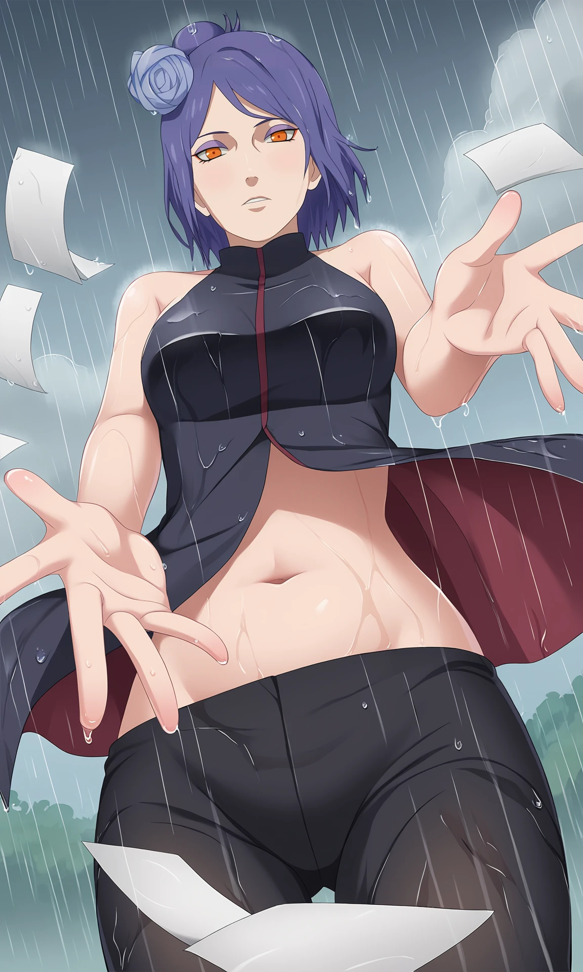 mature female, 
paper, 
from below,breasts, pov spread fingers, 
k0nan, 1girl, solo, looking at viewer,  orange eyes, purple eyeshadow, 
lip piercing,single hair bun, short hair, hair flower,black waistcoat, navel , bare shoulders, 
black pants, 
rain, wind, clouds, wet,
 <lora:Naruto_Konan_PXL-000012:1>