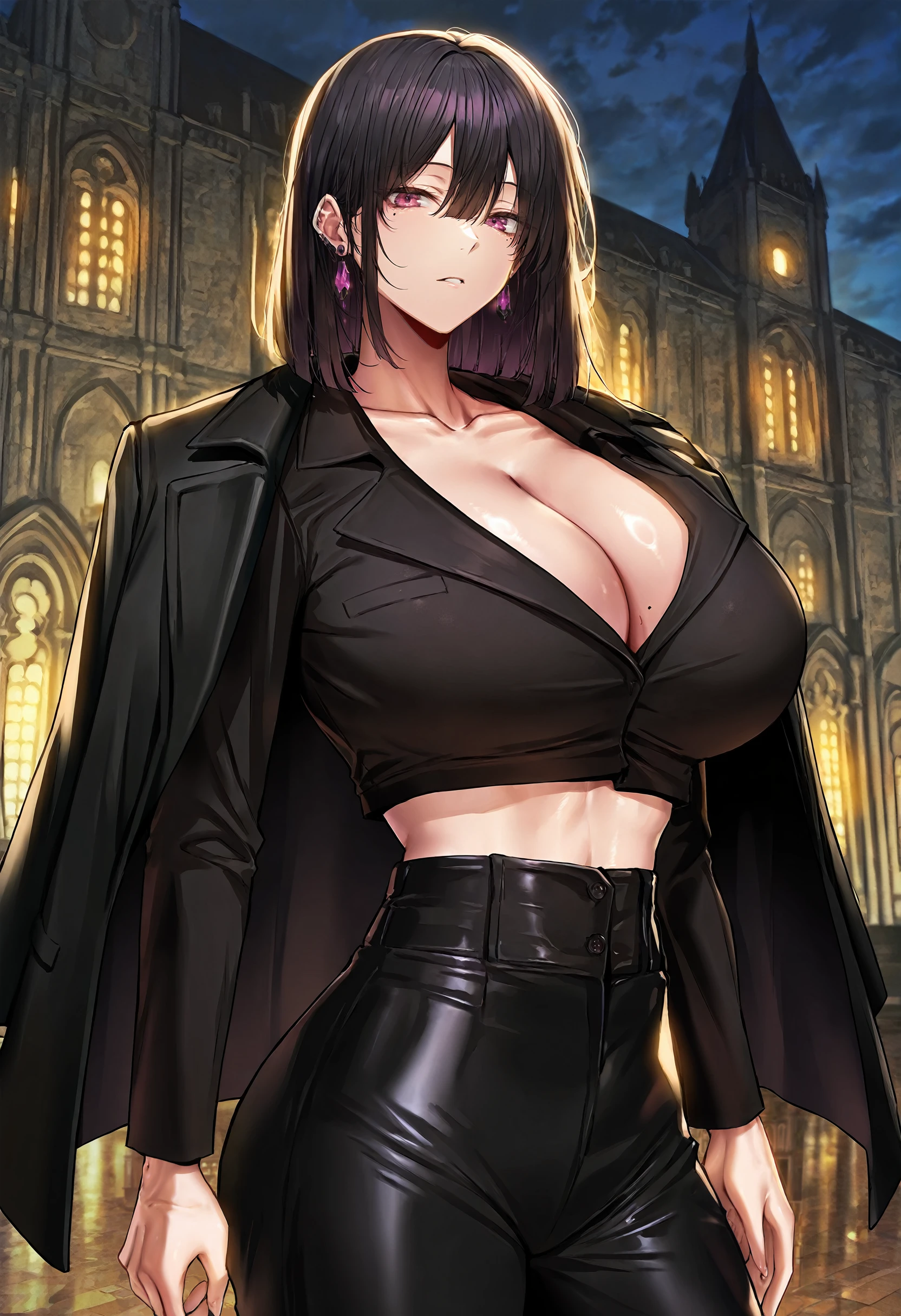 masterpiece, best quality, amazing quality, very aesthetic, absurdres, newest, scenery, 1girl, solo, huge breasts, <lora:Ariela Raven illustxl:1> black hair, purple eyes, (mole under eye:0.8), (mole on breast:0.8), medium hair, hair between eyes, earrings, black coat, coat on shoulders, black shirt, collared shirt, cleavage, collarbone, long sleeves, crop top, midriff, navel, high-waist pants, black pants, mansion, outside, looking at viewer, shiny skin, masterpiece, best quality, amazing quality, very aesthetic, absurdres, newest, scenery