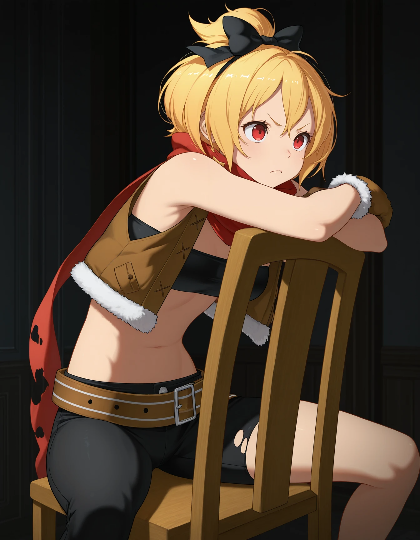 <lora:Felt:1>1girl, solo, 
f3lt, blonde hair, black hair bow, short hair, red eyes,
open vest, brown vest, midriff, torn pants, torn scarf, single pantsleg, fur-trimmed gloves, red scarf, belt, bandeau, 
chair, sitting backwards,  frown, indoors, dark,, masterpiece, best quality, amazing quality