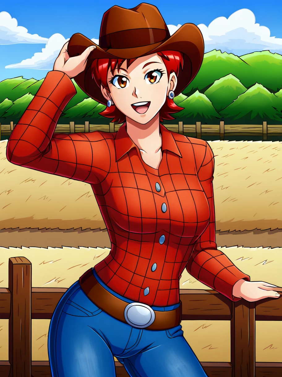 1girl, solo, looking at the viewer, ,  flirty, cowboy shot, happy,
<lora:Kira_Nerys_Comic_Pony:1> kira, , short hair, earrings, red hair,
cowboy outfit, cowboy hat, red flannel, denim jeans, lasso
at a ranch, hay bales, fence, outside,âââ