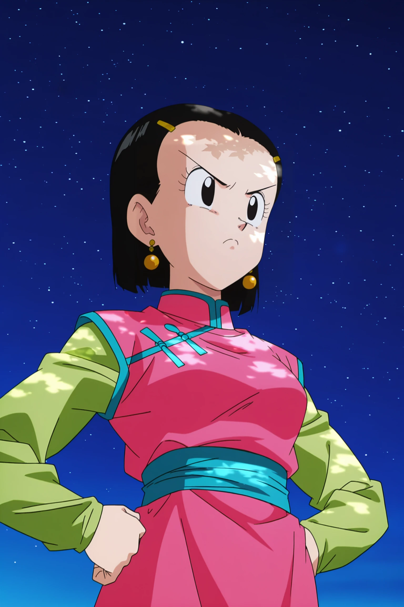 anime screencap, absurdres, high quality, official style,
chi-chi, gt, official style, 1girl, solo, chinese clothes, looking at another, short hair, outdoors, night sky, black hair, hair ornament, long sleeves, green sleeves, star \(sky\), pink dress, blue sash, standing, upper body, earrings, black eyes, from below, hands on hips, v-shaped eyebrows, frown, dappled moonlight, 
 <lora:Chi_Chi_IL:0.8>