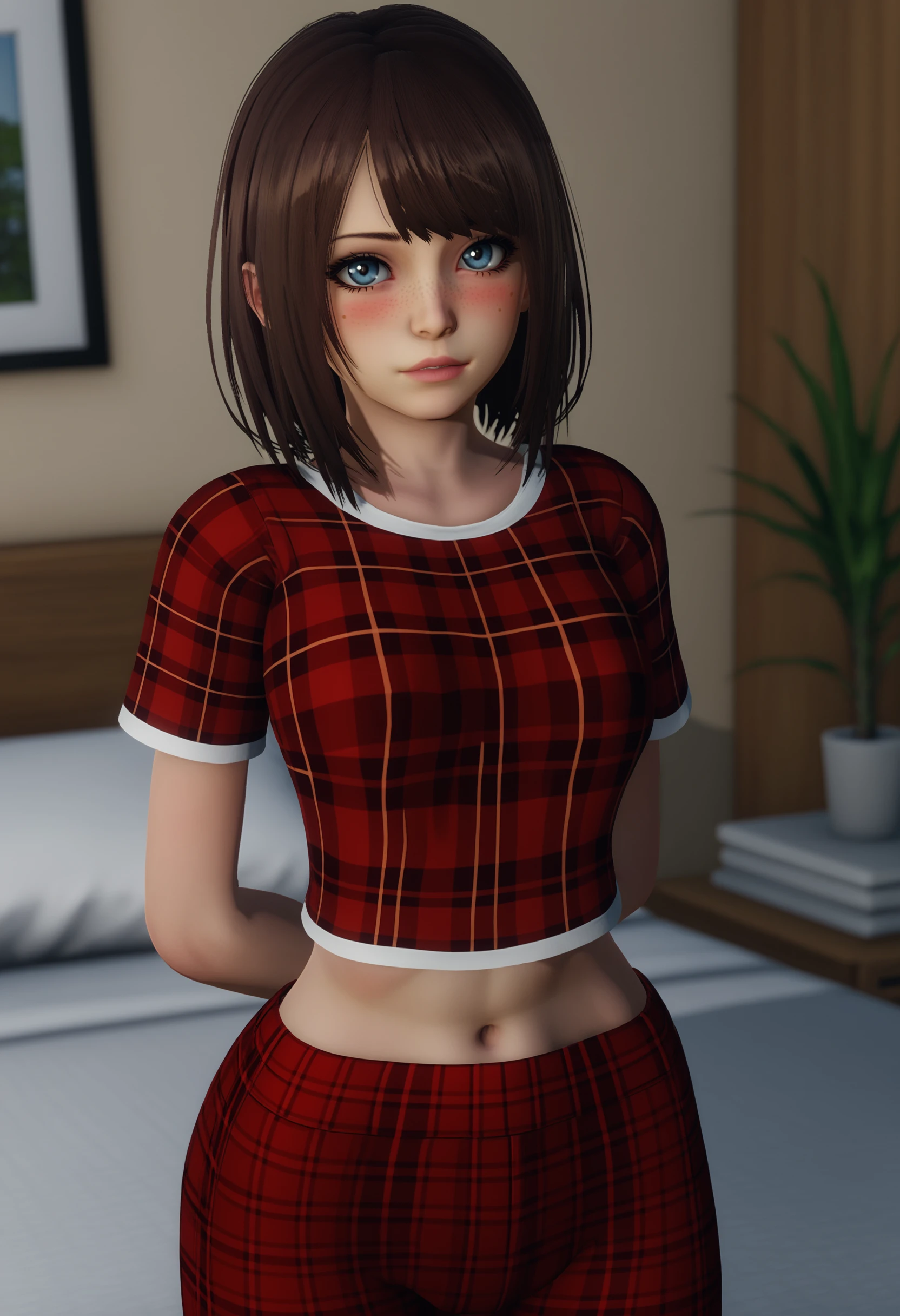 score_9, score_7_up, depth of field, sidelighting, 1girl, BREAK midriff, arms behind back, navel, plaid shirt, plaid pants, red plaid, blush, looking at viewer, short sleeves, standing, bangs, short hair, bedroom, <lora:Annie Eternum V2.1:.9> annieet, small breasts, freckles, brown hair, blue eyes