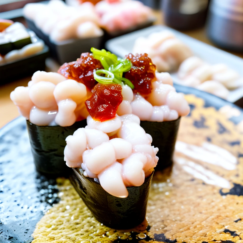 <lora:Cod_milt_IL:0.7>, no_humans, depth_of_field, blurry_background, plate, food_focus, photo_background, Milt, white fish roe, sushi, rice, spring onion