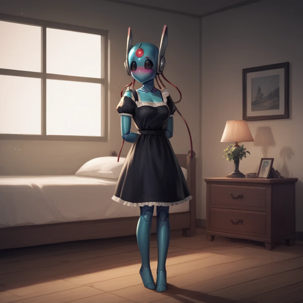 <lora:Custom\LooksToTheMoon\LooksToTheMoon-10:1> score_9, score_8_up, score_7_up, rating_explicit, realistic, indoors, bedroom, dutch angle, full body, BREAK, lookstothemoon, 1girl, robot, petite, black eyes, blue skin, (robot ears:1.2), humanoid robot, no mouth, no feet, no hands, no nose, medium breasts, maid, blush, standing, looking away, embarrassed, arms behind back