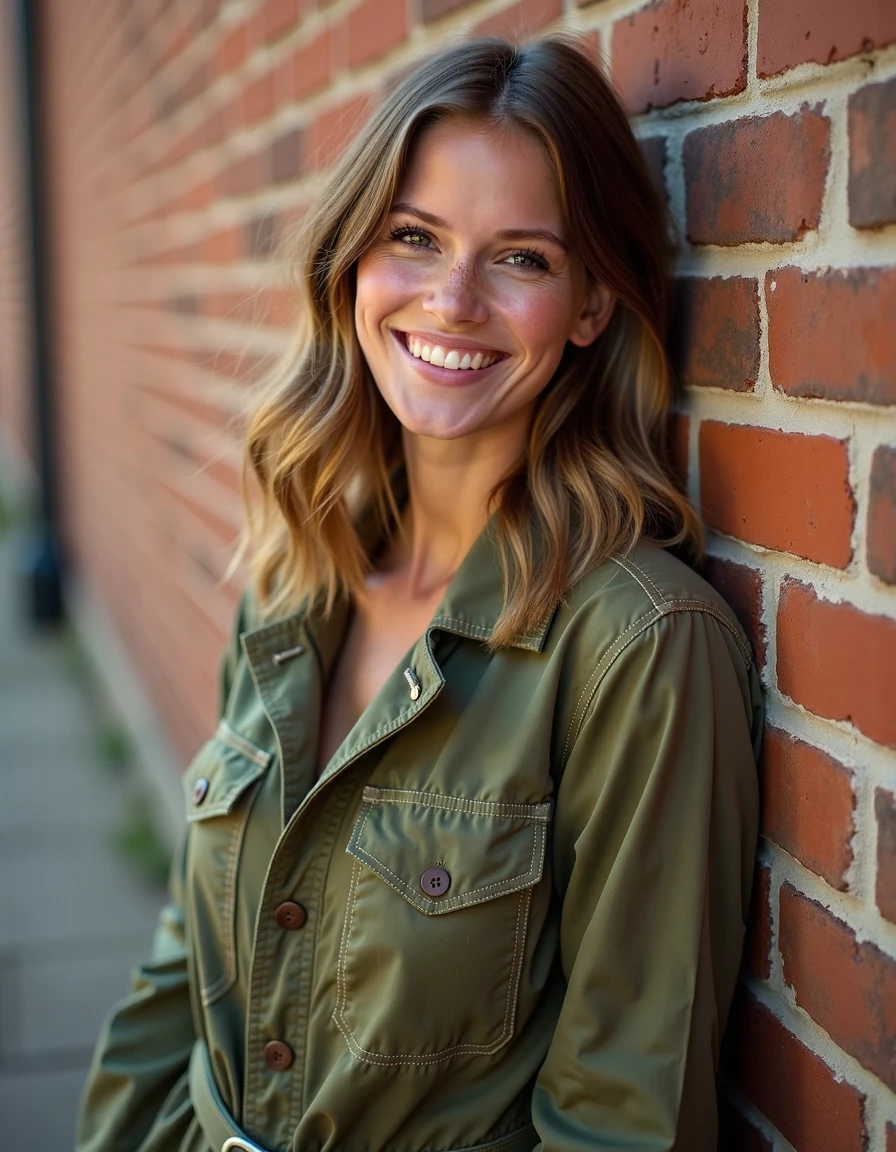 photo, melkrollflux,Leaning against a rustic brick wall wearing an olive green utility jacket,  <lora:melkroll:1>