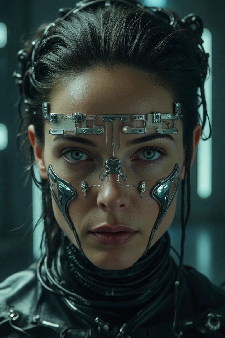 A highly detailed, realistic photo of a cybernetic woman. Her face is a seamless blend of human beauty and advanced technology, with metallic plates and glowing, intricate circuits integrated into her skin. Her eyes are striking that conveys intelligence and mystery. Delicate wires and biomechanical elements weave through her hair, styled sleekly to enhance her futuristic appearance. Her expression is confident and serene, emphasizing her humanity despite her cybernetic enhancements. The background is minimal and dark, with subtle futuristic light patterns, drawing full attention to the intricate details of her face and design. The overall image is hyper-realistic, with fine textures, soft lighting, and a cinematic atmosphere.