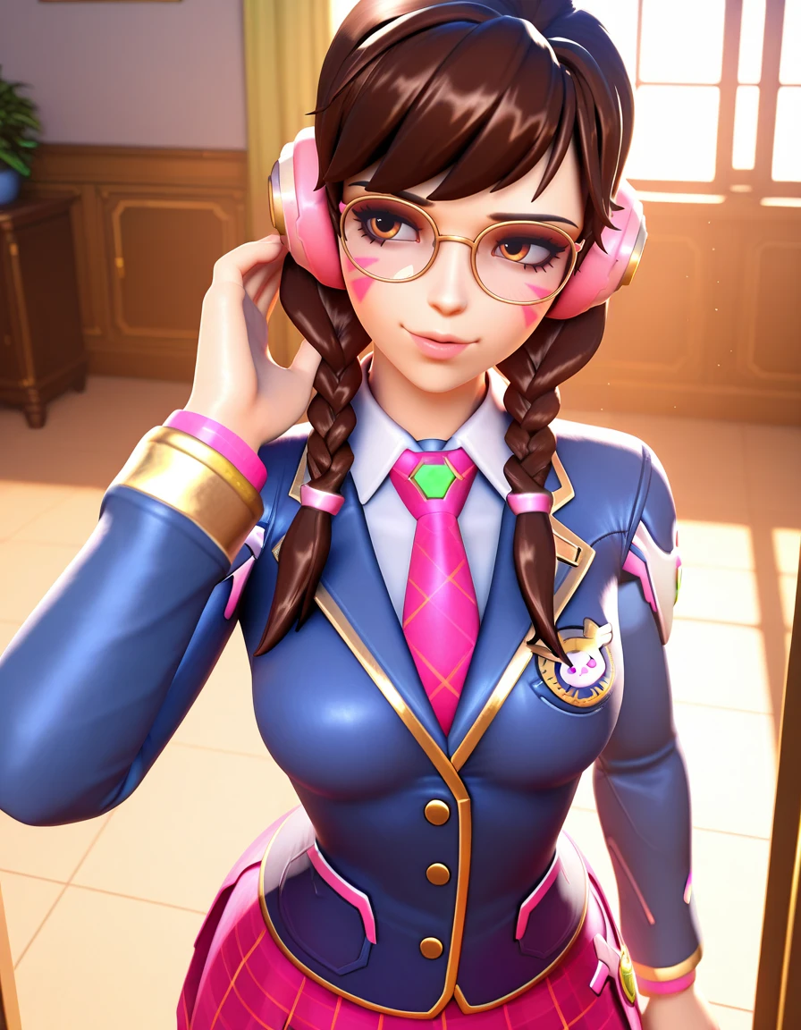 Masterpiece, high-res, 2k, best quality,   1 girl  , 3d,  d.va (overwatch), academy dva  , glasses,  <lora:dva academy illus-000040:1>  Looking over the shoulder