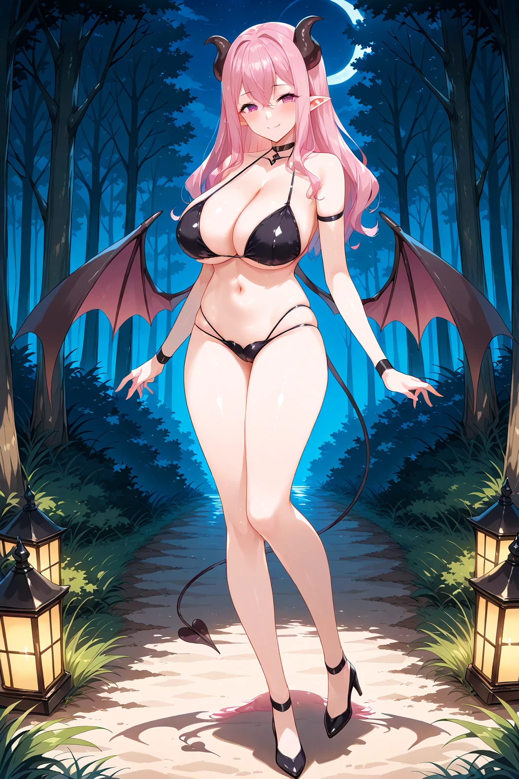 <lora:Succubus62 Illustrious:0.6>, succubus, outdoors, forest, night, smile, looking at viewer, black bikini, high heels, choker, wristband, full body,