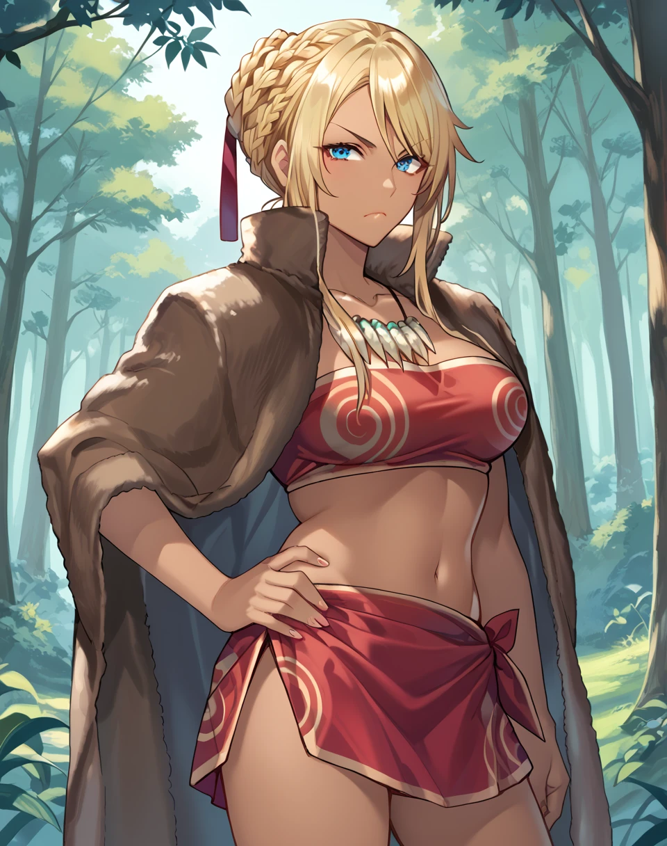 ai_fa, blonde hair, blue eyes, braid, medium breasts, dark-skinned female, red tribe sarong, sidelocks, red tribe top, strapless, tribe clothes, tusk necklace, long hair, tied hair, fur jacket  BREAK  outdoors, forest, BREAK serious face, hand on hips , looking at viewer BREAK score_9, score_8_up, score_7_up, source_anime ,zPDXL, <lora:Ai_Fa:0.8>