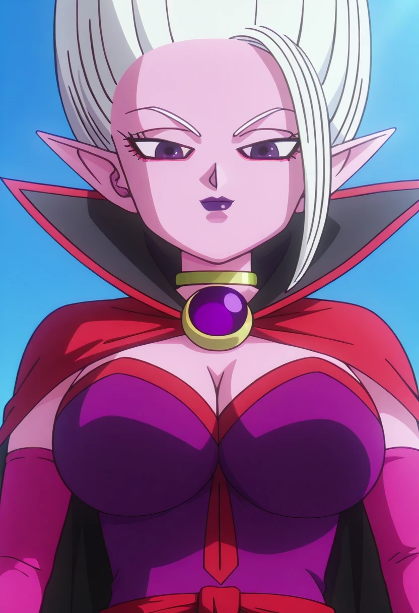 anime screencap,8k, absurd res, 1girl, solo, looking at viewer,white hair,long hair,purple eyes,upwards hair,makeup,pink skin,wearing a dress,elbow gloves,lipstick,cape,upper body,outdoors,detailed background,arinsu_(dragon_ball_daima), looking down, blue sky,<lora:arinsu_(dragon_ball_daima):1>