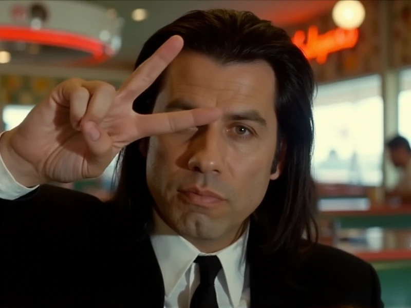 <lora:Vincent Vega:0.9> Vincent Vega, man with black hair and black suit, he make a sideway peace sign with his fingers in front of his eye in a vintage diner