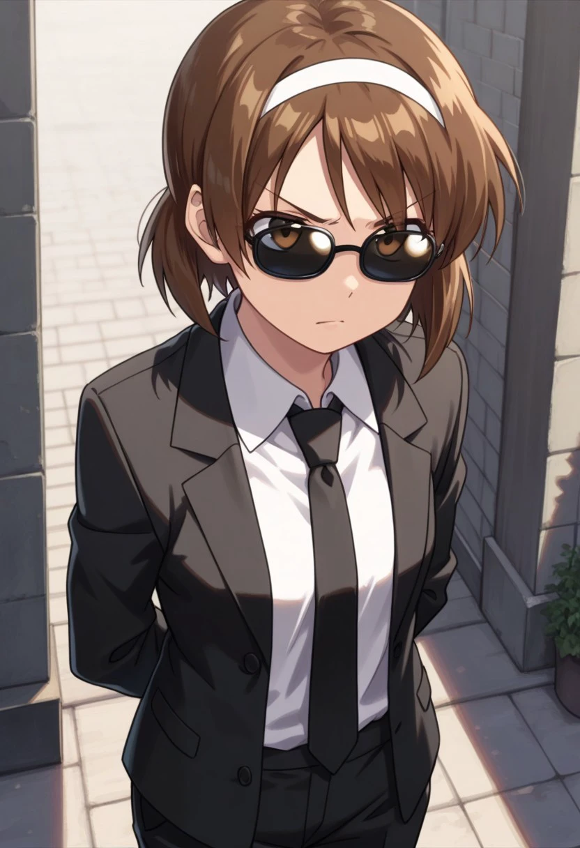 masterpiece, best quality, 
sanae, 1girl, solo, brown eyes, brown hair, hairband, short hair, sunglasses, formal, suit, shirt, white shirt, collared shirt, necktie, black necktie, jacket, black jacket, long sleeves, pants, black pants, serious, hands behind back,
outdoor,