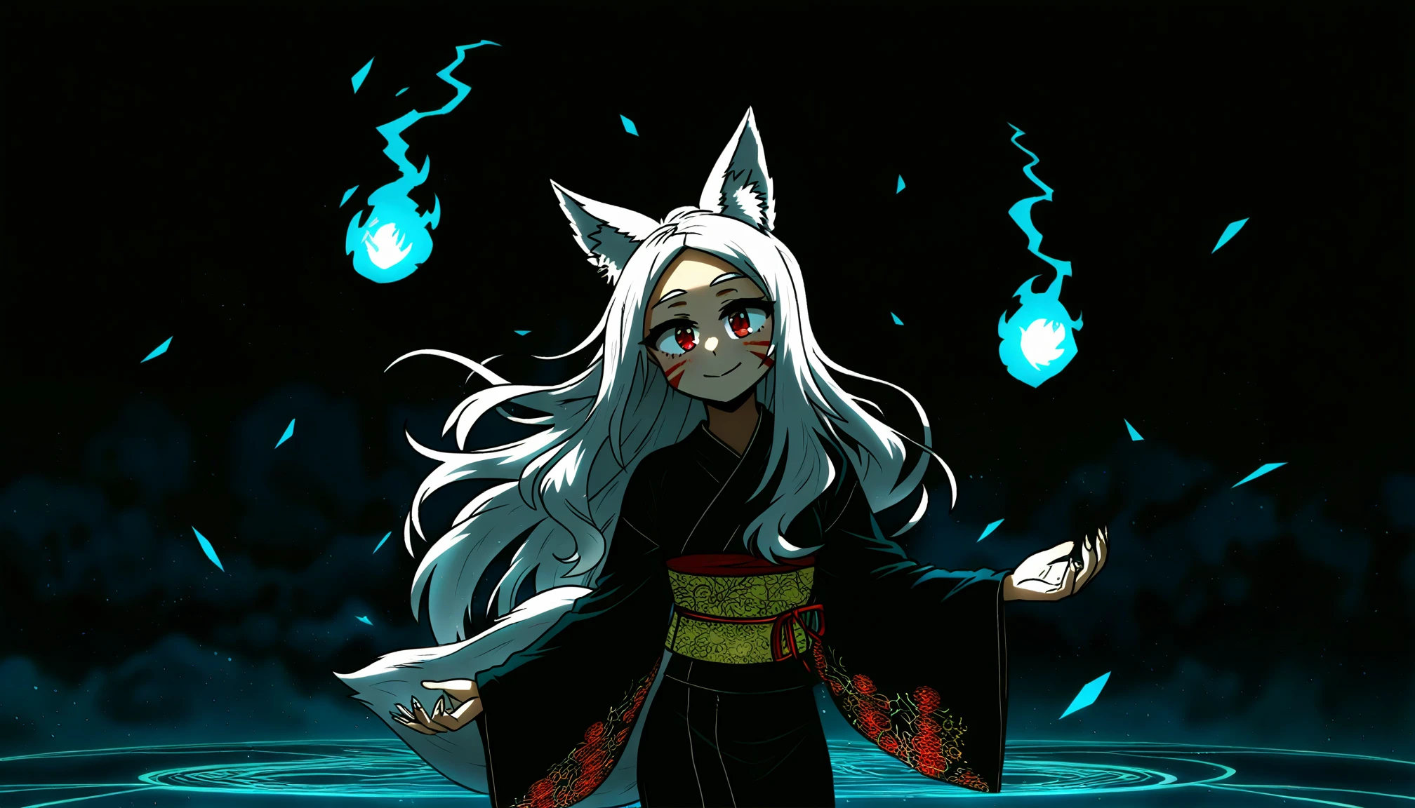 masterpiece, best quality,by ddolbang,  by foxykuro,
1girl, shiro \(sewayaki kitsune no senko-san\), fox girl, fox ears, fox tail, white hair, whisker markings, red eyes, black kimono with floral print, obi, wind, floating hairs, arms aside, hitodama, head tilt, wide shot,
outdoors, above clouds, magic patterns, floating shards, magic circle,
low brightness <lora:rouwei_neg_by pfc:0.5>