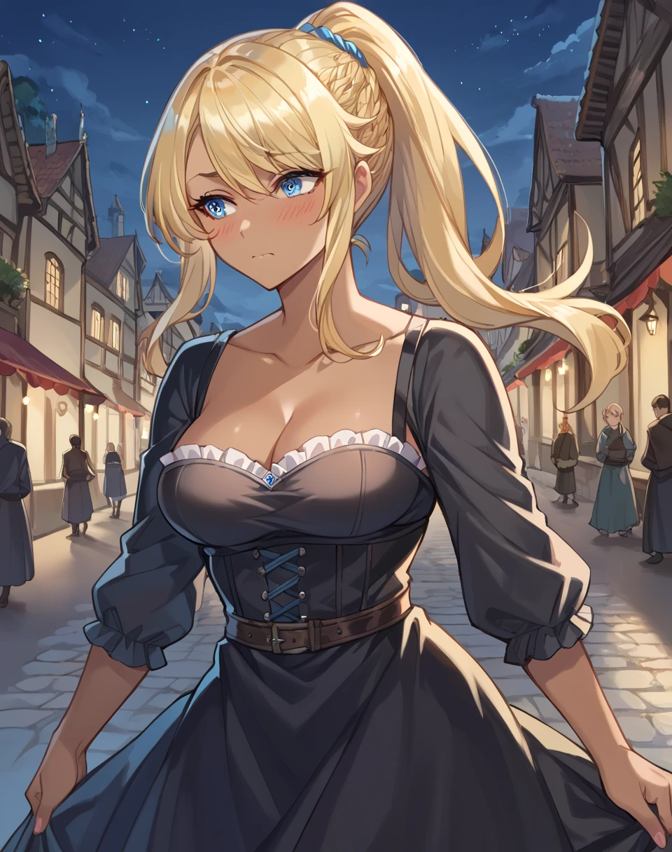 ai_fa, blonde hair, blue eyes, medium breasts, dark-skinned female, long hair, ponytail, cleavage, black dress BREAKoutdoors,medieval city, night, BREAK looking away, embarassed, blush, fidgeting, shyBREAK score_9, score_8_up, score_7_up, source_anime ,zPDXL, <lora:Ai_Fa:0.8>