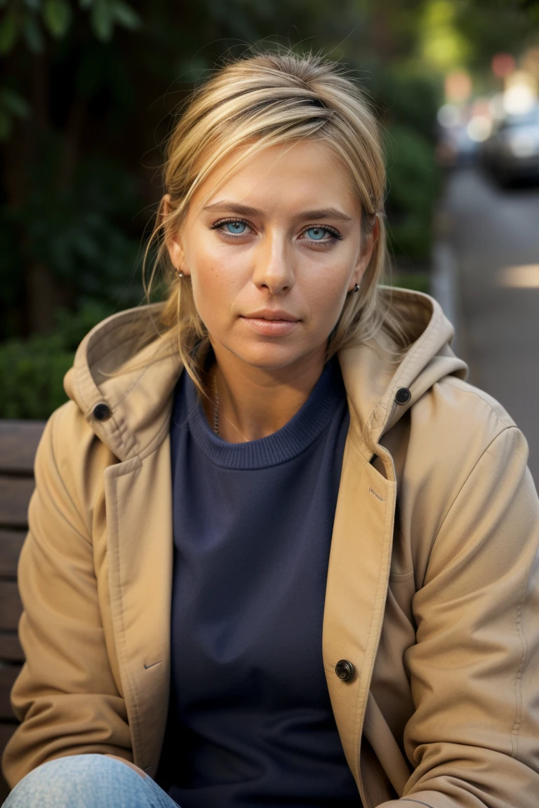 , photo  ,  (best quality),  (realistic), (intricate),  (close-up),<lora:MariaSharapovaQuiron_v04i03e25t05_Lora:0.77> mariasharapovaquiron  , blue eyes, makeup,  Acne Studios camel coat, sitting with one leg pulled up and arms wrapped around it, looking down,  Dappled Light, (look at viewer),intricate detailed, flash photography, realistic, amazing photo of a pretty woman ,