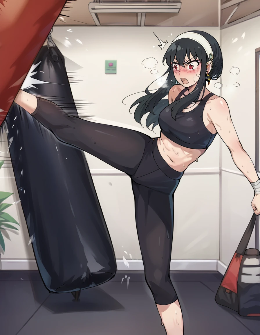 score_9, score_8_up, score_7_up, source_anime, yorbriar, <lora:yor-briar-s1-ponyxl-lora-nochekaiser:1>, yor briar, black hair, red eyes, earrings, white hairband, hairband, long hair, sidelocks, medium breasts,, <lora:kicking-bag-ponyxl-lora-nochekaiser:1>, kicking bag, punching bag, kicking, kickboxing, training, standing on one leg, exercising,, yoga pants, sports bra, steam, open mouth, sweat, blush, gym, motion, motion blur, motion lines,, solo, upper body,