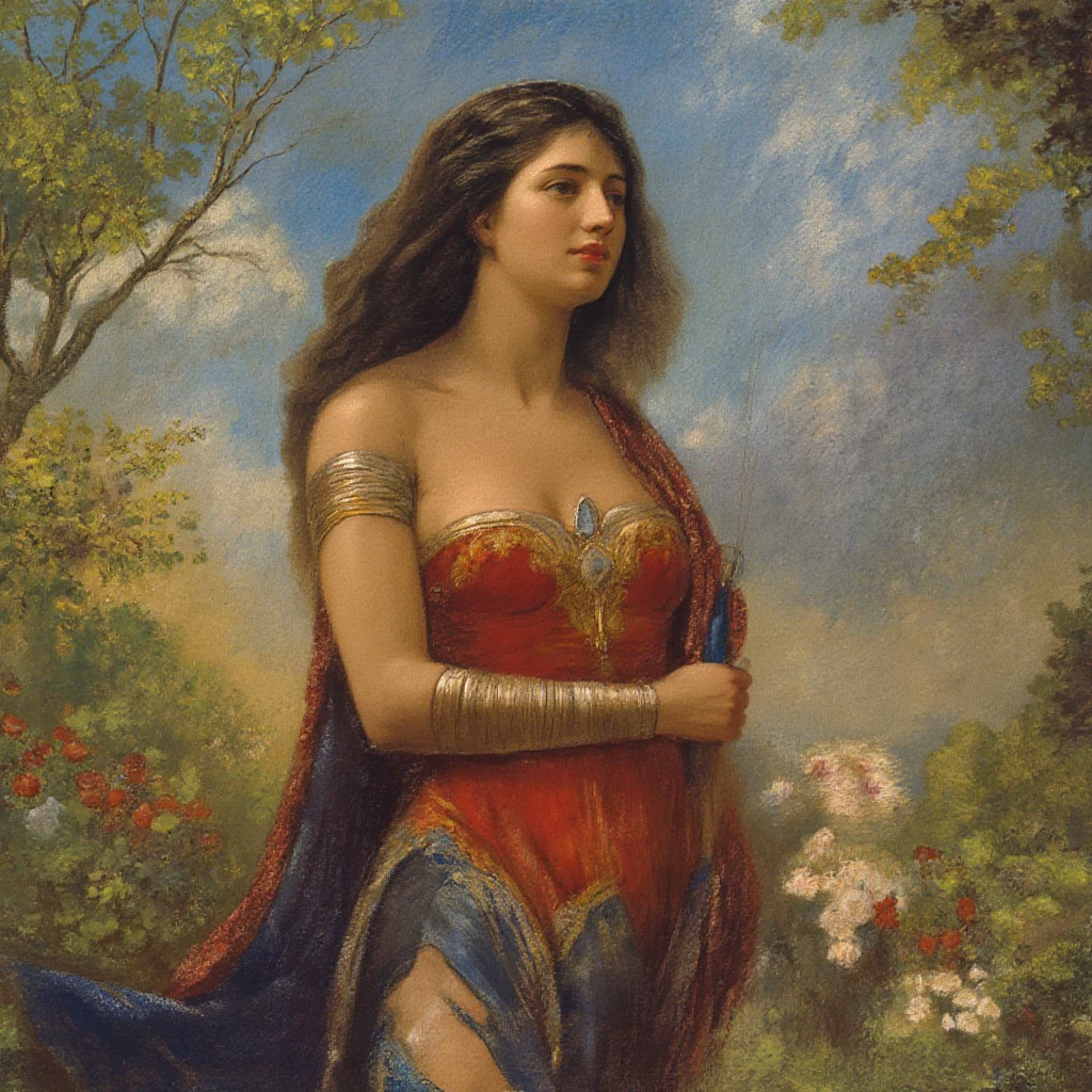 odilonredonstyl wonder woman in a garden, superheroine with a whip. painting