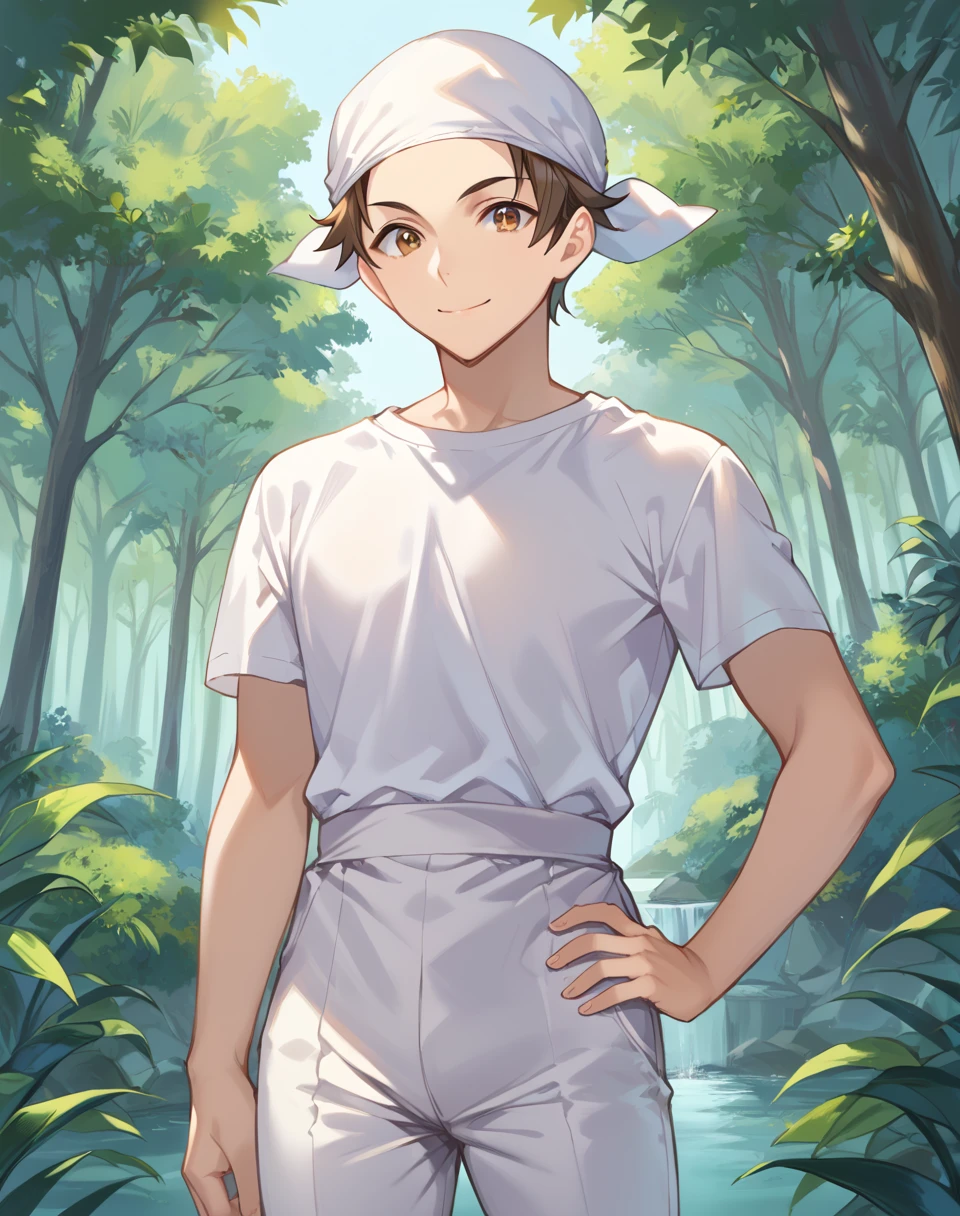 asuta_tsurumi, brown hair, short hair, brown eyes, 1boy, white shirt, white pants, waist apron, white bandana, BREAK  outdoors, forest, BREAK hand on hip, smile,  looking at viewer BREAK score_9, score_8_up, score_7_up, source_anime ,zPDXL,<lora:Asuta_Tsurumi:0.8>