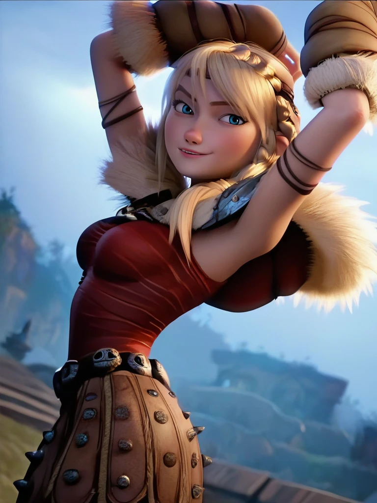 score_9, score_8_up, score_7_up, 1girl, dynamic pose, cowboy shot, looking at viewer, sexy pose, sexually suggestive, naughty face, dutch angle, valley, vegetation, arms up, from side,, 
 <lora:AastridXLP_character:1>, AstridXL, blonde hair, blue eyes, braid, shoulder armor, pauldrons, pants, skirt, fur trim, red shirt, screencap,