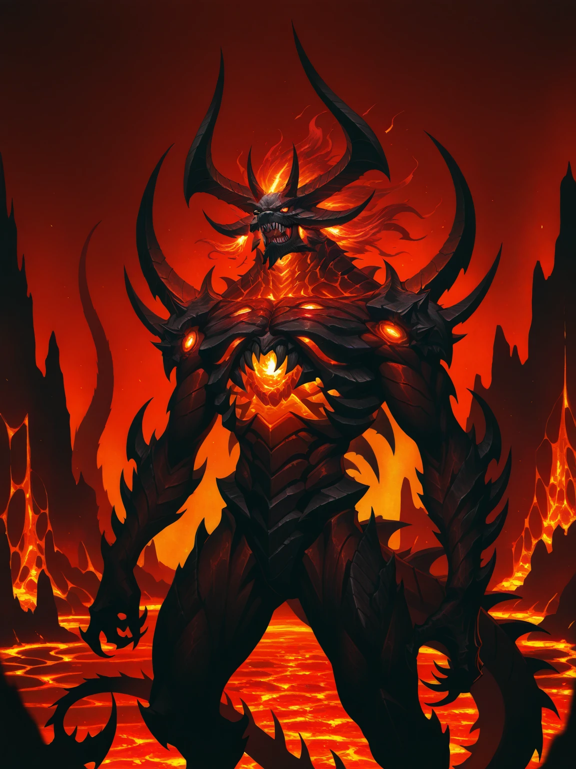 Masterpiece,best quality,,cowboy shot,inner fire,inferno background,lava,
wearing edgDemoness, solo, simple background, 1boy, standing, tail, horns, teeth, no humans, glowing, sharp teeth, claws, spikes, monster
<lora:edgDemonessILS-000003:1>