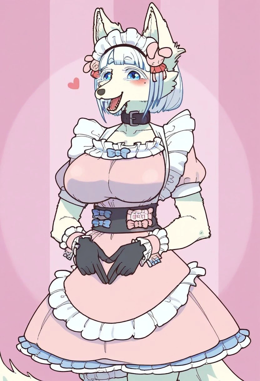 score_9, score_8_up, score_8. score_9, score_8_up, score_7_up, score_6_up, masterpiece, 4k, high quality, (best quality:1.1), ExpressiveH,
BREAK
1girl, dress, breasts, wrist cuffs, collarbone, happy, puffy sleeves, mole under eye, blue eyes, looking at viewer, facing viewer, front view, smile, fox ears, open mouth, frills, body fur, furry female, animal nose, pink dress, black glooves, hearts, heart fingers, tail, white hair, blue hair, blunt bangs, furry, animal ears, huge breasts, standing, hip tilt, (from chest up), bouncing breasts, pink background, portait, cute, blushing