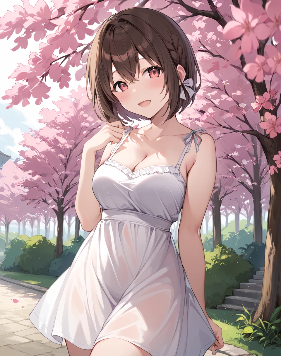 akane_hayasaka, brown hair, short hair, side braid, hair ribbon, medium breasts, sundress BREAK outdoors, park, cherry blossom trees BREAK looking at viewer, sexy face, cute pose, sexy smile, open mouth, cowboy shot,  BREAK score_9, score_8_up, score_7_up, source_anime ,zPDXL, <lora:Akane_Hayasaka:0.8>