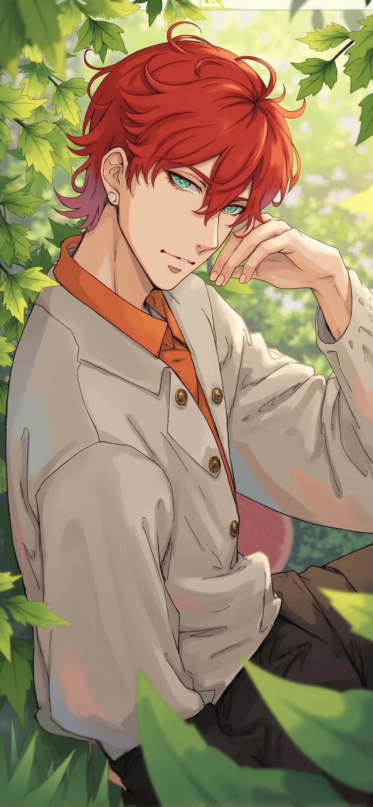 An anime-style illustration.  a handsome man with red hair, and green eyes,in a garden