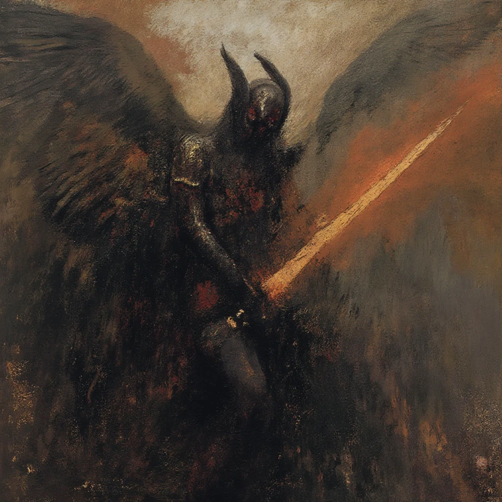 a odilonredonstyl surreal dark angel with a flaming sword. painting