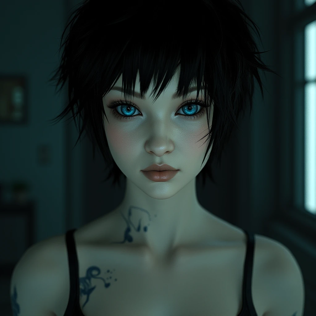 a sci-fi hyper realistic cinematic gritty highly detailed photograph portrait of the real human woman AmeshinBoo with the realistic pale skin with pores and exact 100% facial structure of AmeshinSL as a real person instead of a 3D model, shown straight on looking forward with symmetry with short punkish black hair light skin and blue eyes