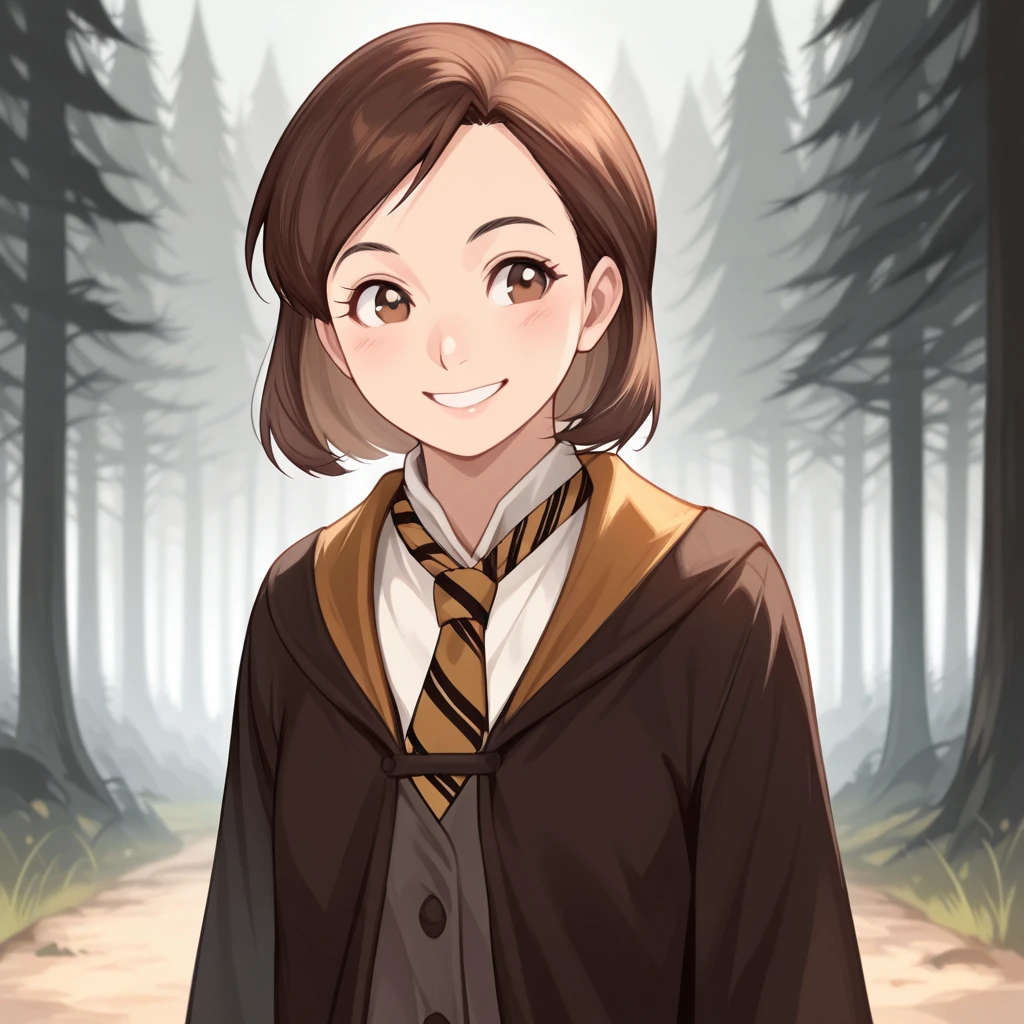 masterpiece, best quality, high quality, PoppySweeting, 1girl, solo, brown hair, short hair, brown eyes, smile, white shirt, necktie, brown dress, hogwarts school uniform, upper body, outdoors, forest ,   <lora:PoppySweeting_illustrious_Leaf3-000010:1>,