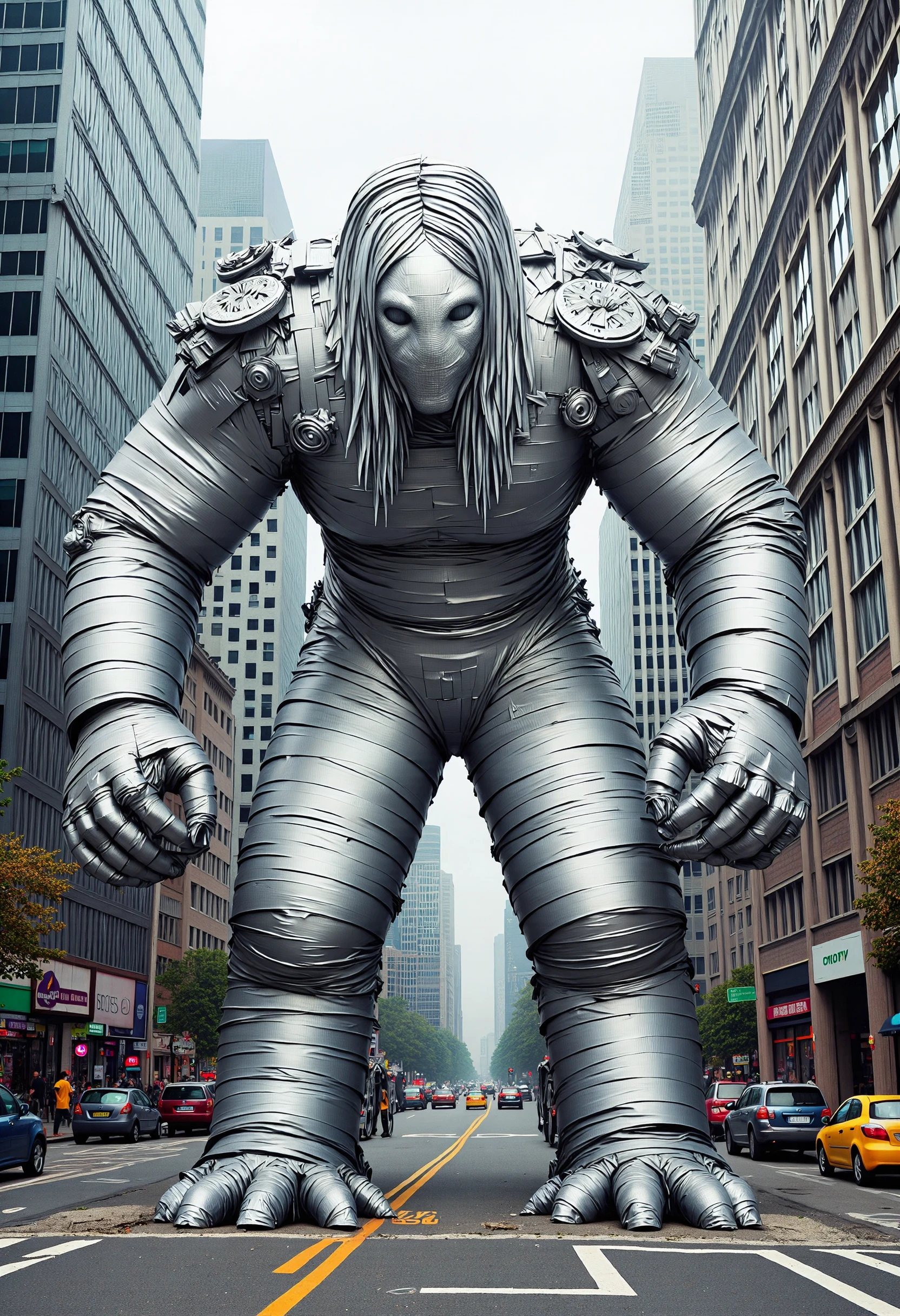 D7CKT4P3, a giant scary creature made from D7CKT4P3, standing on street with demolished skyscrapers, buildings, 